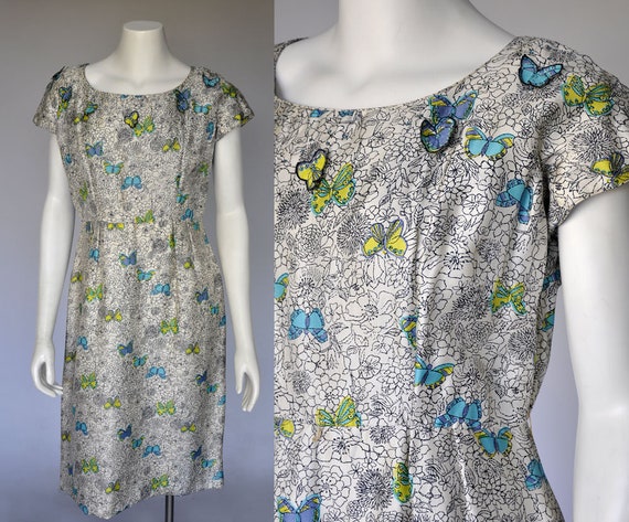 1950s Trompe l'oeil silk butterfly wiggle dress M/