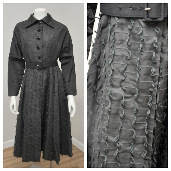 1950s black taffeta princess coat belted M