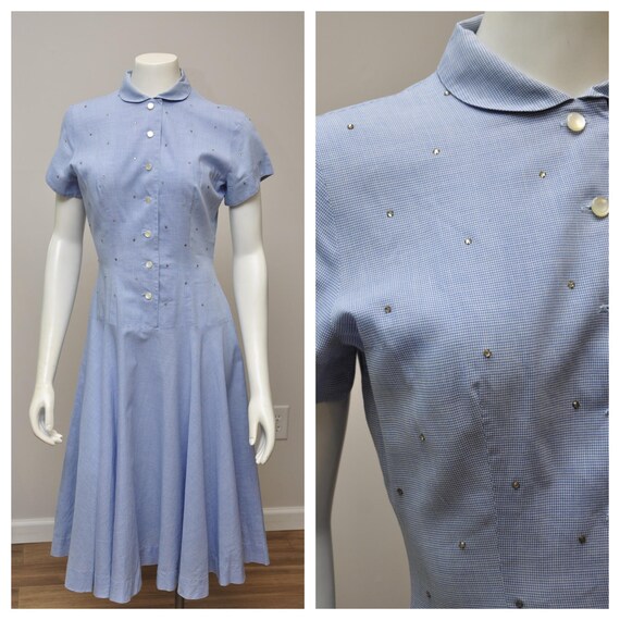 1950s Jonathan Logan blue tiny check dress rhinest