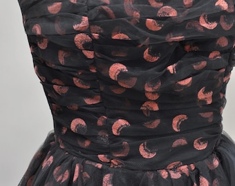 vintage 1950s black tulle party prom dress w/ pink crescent moon pattern XS/S