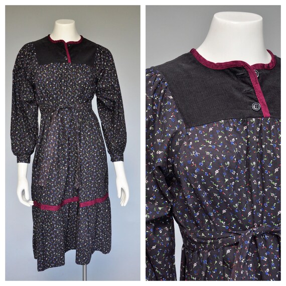 1970s ditsy floral prairie dress with corduroy yol