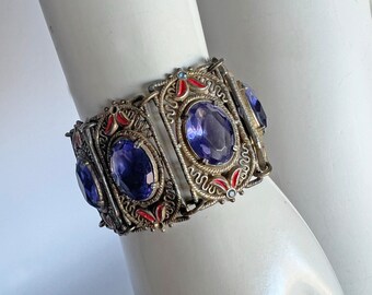 vintage 1940s 1950s Czech oversized glass jewel & metal filigree statement bracelet