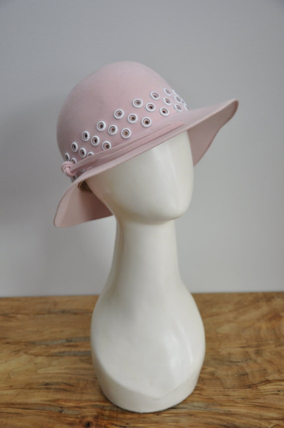 vintage 1970s pink ADOLFO wool wide brim bucket ha