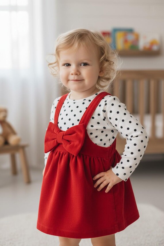 Baby Girl Bow Dress With Polka Dot Long Sleeve Top, Toddler Fall Winter Outfit, Cute Infant Party Clothes, Princess Casual Dress Baby Girl Bow Dress With Polka Dot Long Sleeve Top, Toddler Fall Winter Outfit, Cute Infant Party Clothes, Princess Casual Dress