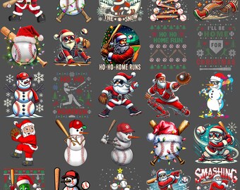 Imagen PNG de Papá Noel jugando al béisbol. Divertido clipart navideño deportivo para hombres y niños. Diseño navideño de Papá Noel jugando al béisbol. Descarga digital por sublimación.