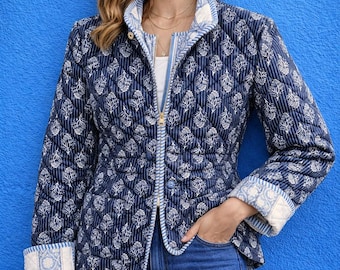 Giacca trapuntata reversibile fatta a mano, cappotto Kantha in cotone con stampa floreale a blocchi