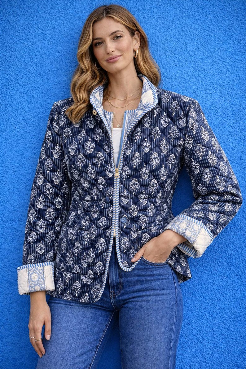 May include: Navy blue quilted jacket with a white floral pattern. The jacket has a zip-up front, a stand-up collar, and cuffs with a contrasting white and blue design. The model is wearing blue jeans.