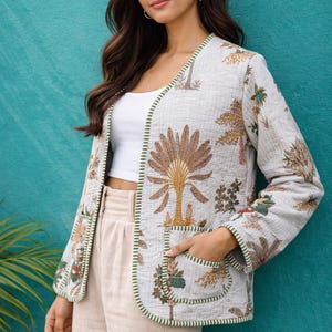 White Botanical Kantha Quilted Jacket | Hand-Block Printed Cotton Reversible Jacket | Nature Print Boho Coat