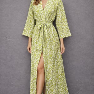 Lime Green Block Print Cotton Kimono, Floral Lounge Robe, Lightweight Dressing Gown