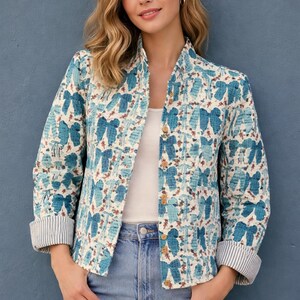 Handmade Style Quilted Jacket Turquoise Block Print Cotton Coat Lightweight Jacket Women Unique Jackets