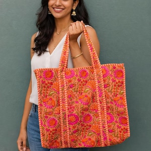 Bolsa de tela de algodón floral hecha a mano / Estampado de bloques naranja y rosa