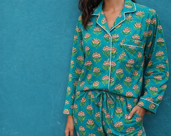 蓮の花柄パジャマセット ティールカラー コットン ナイトウェア レディース | ハンドメイド スリープウェア