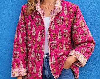 Hand Block Print Kantha Jacket | Reversible Floral Cotton Coat