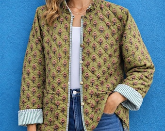 Hand Block Print Quilted Jacket | Olive Green Floral Cotton Jacket | Plain Collar Lining | Reversible Indian Kantha Coat | Boho Winter Wear