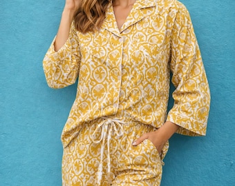 通気性のあるコットンイエローナイトスーツ、レディース2ピースパジャマセット、スタイリッシュなLレディーススリープウェアラウンジウェア