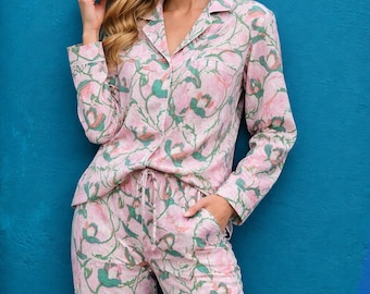 ピンクローズコットンナイトウェアセット - インドの職人技が光るパジャマ - オーガニックコットンのパジャマ レディース スリープウェア