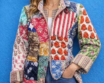 Patchwork Quilted Jacket | Multicolor Floral Cotton Kantha Coat | Handmade Indian Boho Jacket