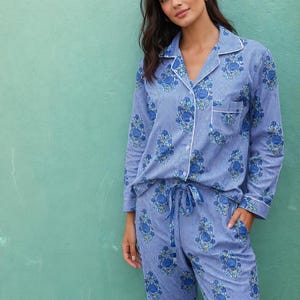 ハンドブロックプリントコットンパジャマセット - ブルーフローラルスリープウェア 画像 1