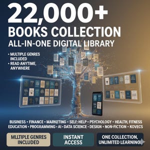 May include: Digital library graphic with the text "22,000+ BOOKS COLLECTION" and "ALL-IN-ONE DIGITAL LIBRARY." The image includes a tree with books as leaves, tablets, and a phone displaying book covers. Keywords: digital books, online library.