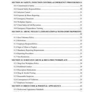 May include: A document page with a table of contents, featuring numbered sections and sub-sections. The text includes topics like safety, infection control, emergency procedures, substance abuse, and dress code. The document is printed in black text on a white background.