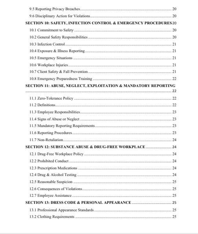 May include: A document page with a table of contents, featuring numbered sections and sub-sections. The text includes topics like safety, infection control, emergency procedures, substance abuse, and dress code. The document is printed in black text on a white background.
