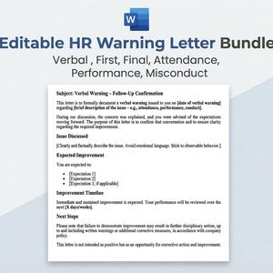 May include: A digital document titled "Editable HR Warning Letter Bundle" with the Microsoft Word logo. The document includes templates for verbal, first, final, attendance, performance, and misconduct warnings. The text describes the purpose of the letter and expected improvements.
