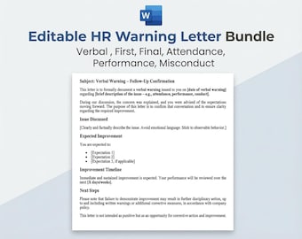 Editable HR warning letter template bundle| verbal, first, annual, attendance, perfomance and misconduct warning letter| Editable word Docs