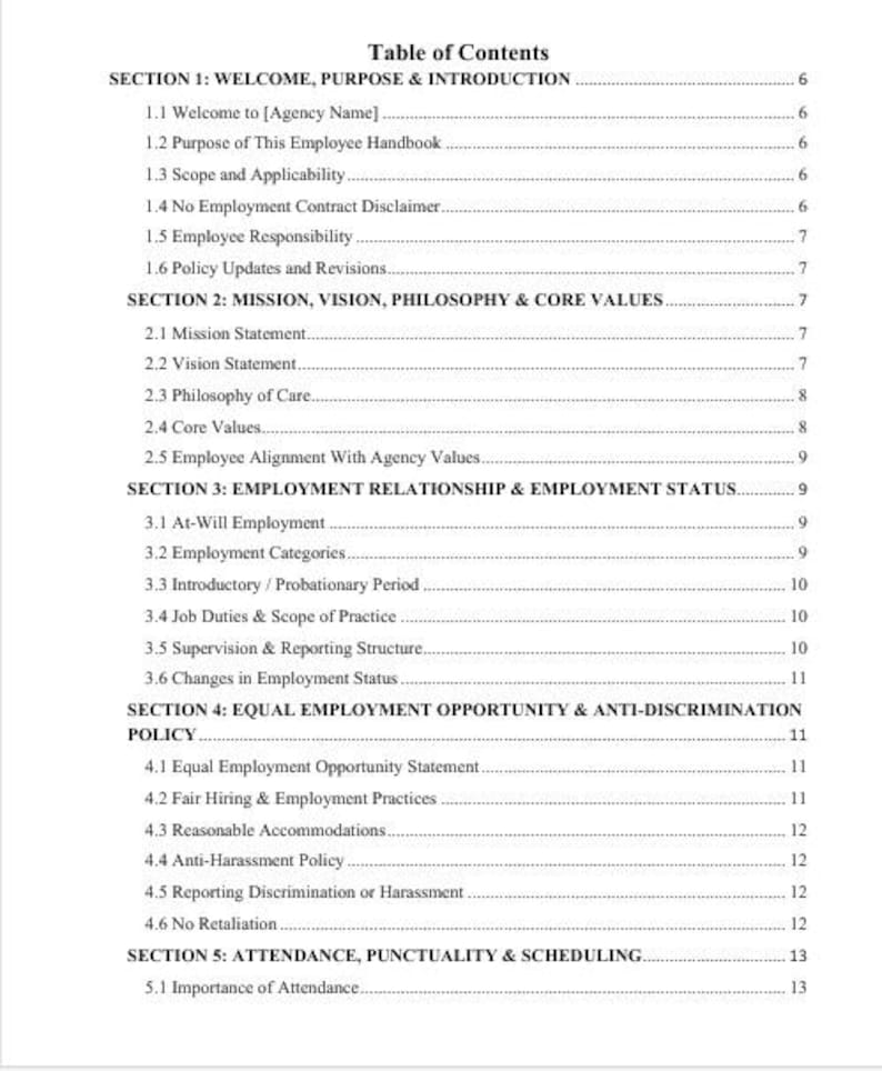May include: A white document with a table of contents for an employee handbook. The text includes sections on welcome, mission, employment, and equal opportunity. The document is organized with numbered headings and subheadings.