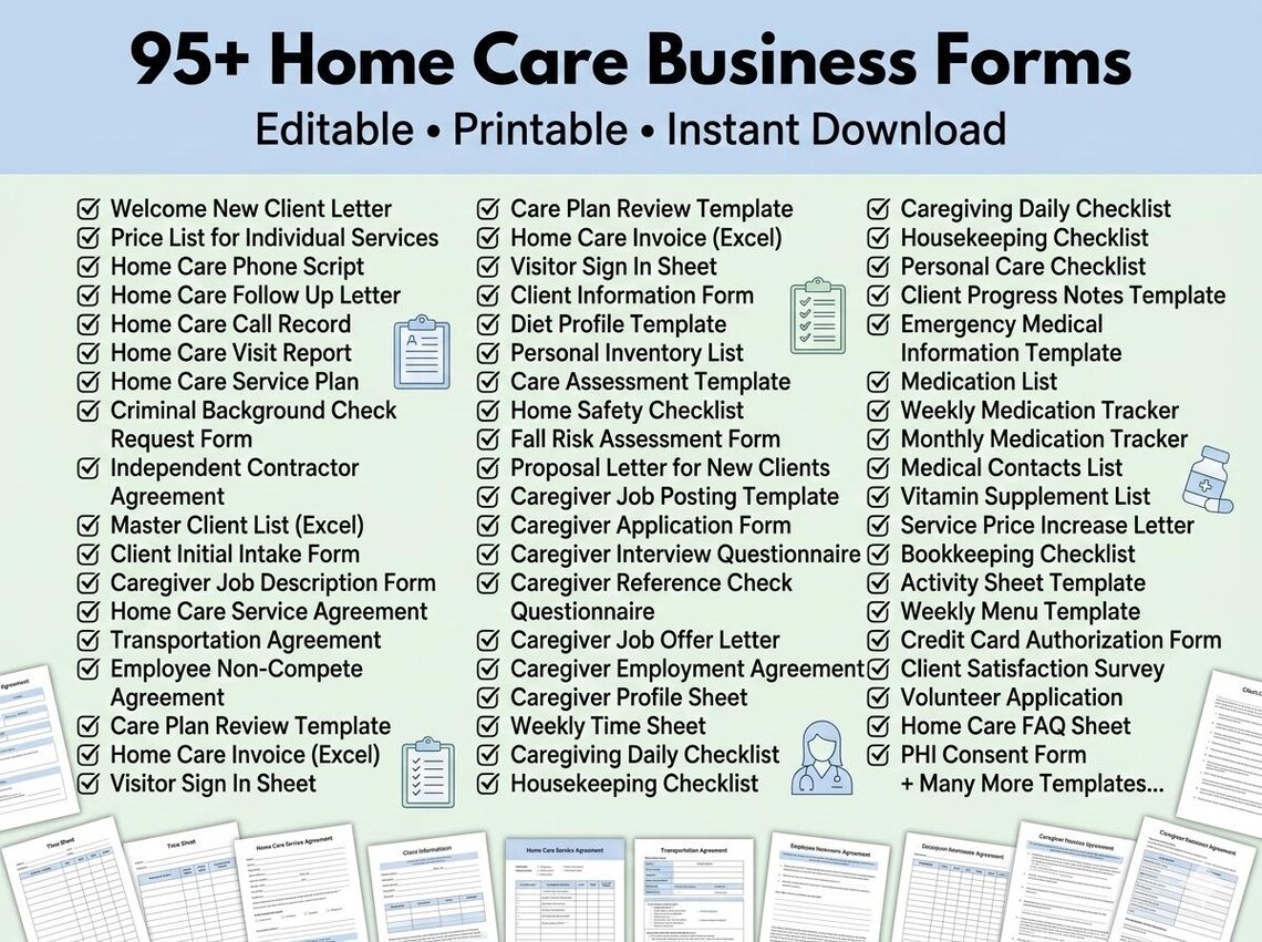 95+ Non-medical Home Care Forms Bundle | Caregiver, Client, Business ...