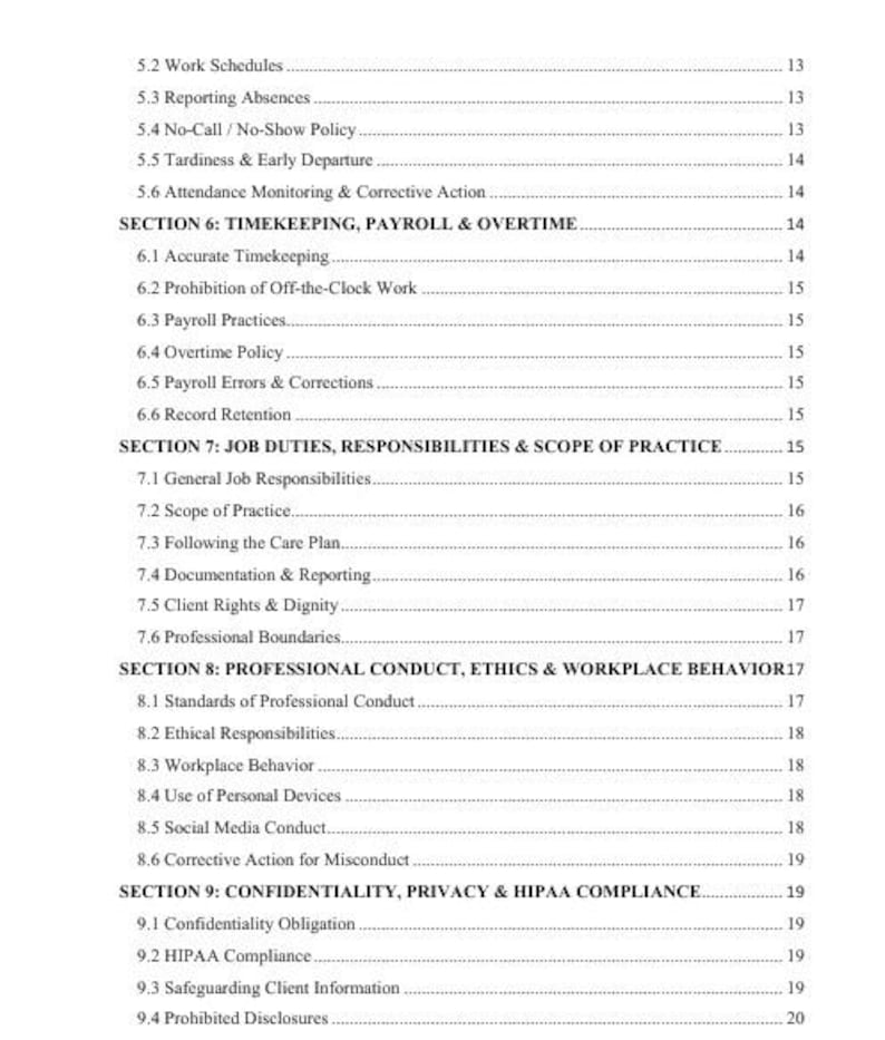 May include: A page from a document with a table of contents. The text includes headings such as "Work Schedules," "Payroll & Overtime," and "Job Duties." The document appears to be a guide or manual.