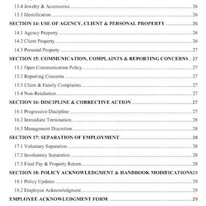 May include: A printed page from a document, featuring a table of contents with numbered sections and sub-sections. The text includes headings like "Communication, Complaints & Reporting Concerns" and "Discipline & Corrective Action."