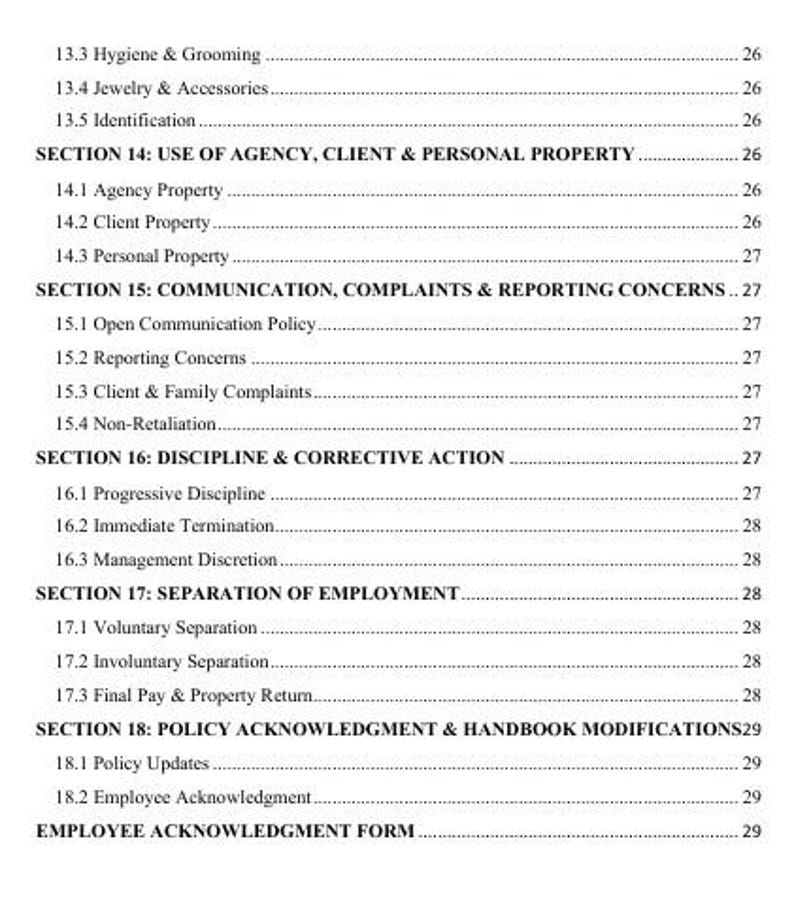 May include: A printed page from a document, featuring a table of contents with numbered sections and sub-sections. The text includes headings like "Communication, Complaints & Reporting Concerns" and "Discipline & Corrective Action."