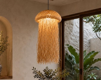 Jellyfish chandelier bamboo wicker lampshade fish lighting ceil light decor beach house decor