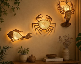 Rattan Fish Wall SconceHandmade Lobster Crab Lamp shade, Coastal Decor