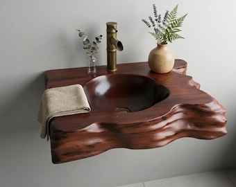 Natural wood sink rustic wall-mountewashbasin vintage live edge bathroom sink home decor