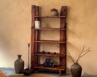 Estantería de madera natural, estantería independiente de madera maciza, mueble de almacenamiento con borde vivo, decoración, arte para el hogar