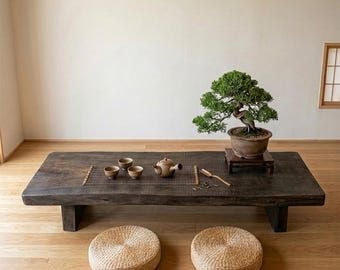 Mesa de centro rústica de madera, mesas de madera natural Japandi personalizadas, mesa baja para sala de estar, decoración