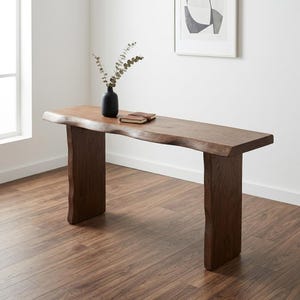 Mesa de console rústica de madeira, personalizada, com borda natural, longa, entalhada, em madeira, estreita, para entrada.