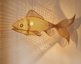Fish pendant lamp rattan wicker pendant light handwoven unique fish chandelier lighting art deco lamp hanging