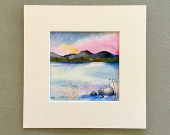 Small original watercolour painting, Mountain Lake