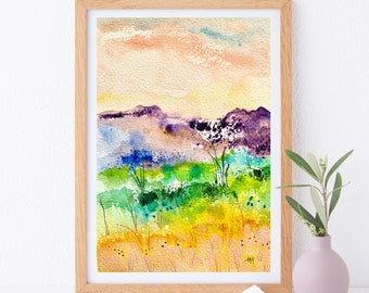 Original watercolour painting, abstract landscape on handmade paper