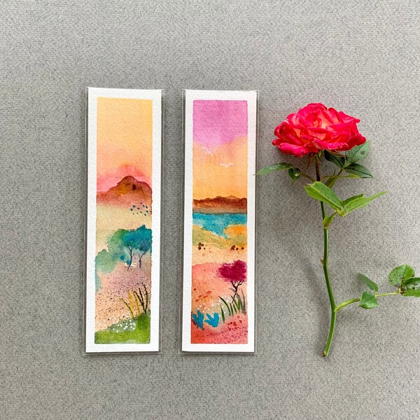 Two watercolour hand painted bookmarks, Desert Heat