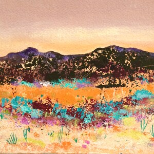 May include: Abstract painting of a desert landscape with a mountain range in the background. The foreground features a field of colorful wildflowers in shades of purple, blue, and orange. The sky is a soft purple and orange.