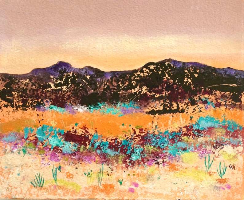 May include: Abstract painting of a desert landscape with a mountain range in the background. The foreground features a field of colorful wildflowers in shades of purple, blue, and orange. The sky is a soft purple and orange.