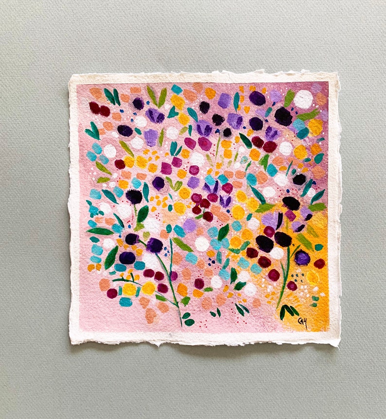 Original abstract flower painting on handmade paper image 1