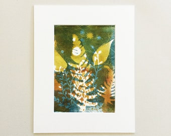 Original monoprint painting, Ferns and Leaves