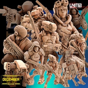 May include: A collection of beige-colored futuristic soldier figurines, some holding rifles. The figures are in various poses, with detailed armor and helmets. The image includes the text "DECEMBER RELEASE" in a yellow box and the logo "LNIT9 JUST PRINT IT".