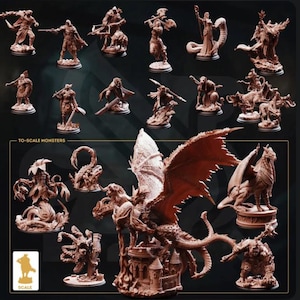 May include: A collection of detailed miniature figurines of fantasy monsters and characters. The figurines are in various poses, with weapons and accessories. The text "TO-SCALE MONSTERS" is visible. The color palette is primarily brown.