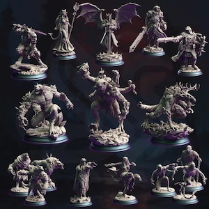 May include: A collection of fantasy miniature figurines, including demons, warriors, and mythical creatures. The figures are in various poses, some holding weapons, and are set on detailed bases. The color palette is primarily gray and off-white, with intricate detailing.