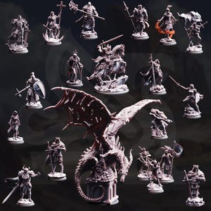 May include: A collection of detailed miniature figurines, including knights, a dragon, and other fantasy characters. The figures are primarily gray with intricate designs, set against a dark background. Some figures are mounted on bases.